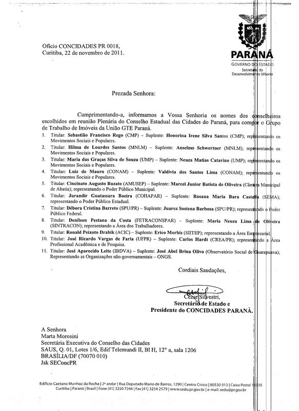 Ofício nº 018/2011 - Presidente do Concidades PR para Secretária Executiva do Conselho das Cidades - DF